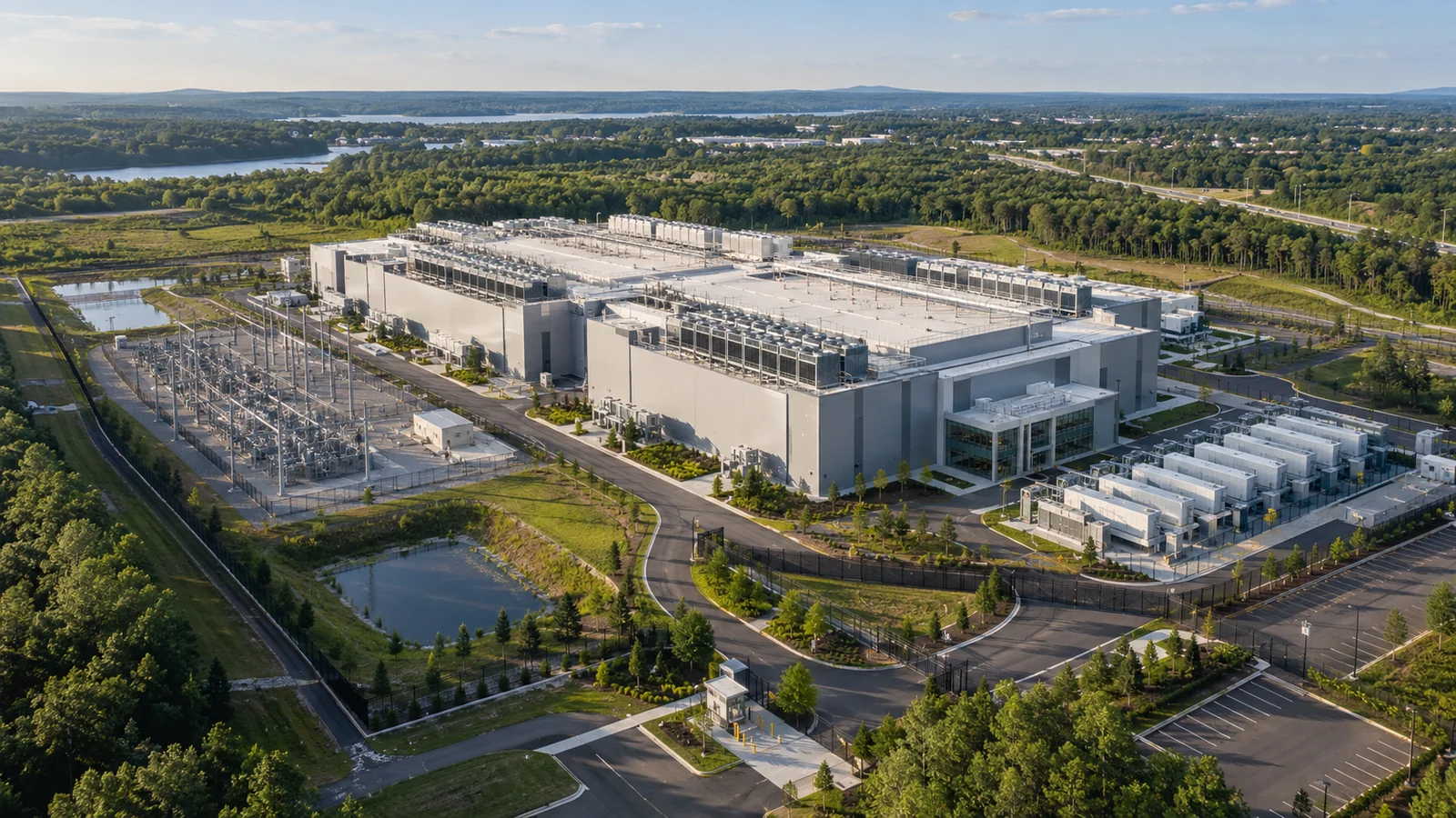 An elevated aerial view of a modern data center campus, electrical substation, rooftop cooling equipment, and landscaped green buffers
